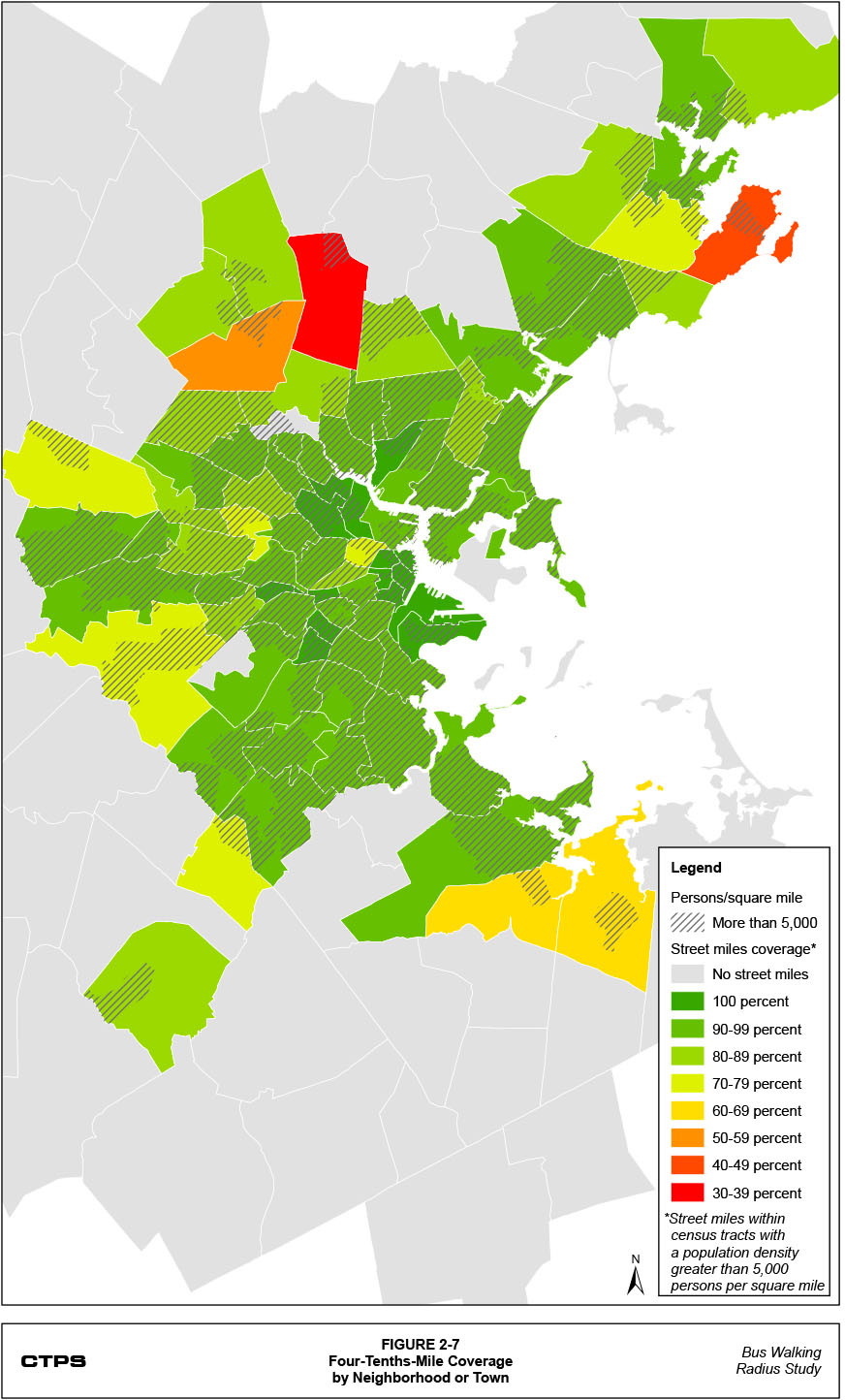 Four-Tenths-Mile Coverage by Neighborhood or Town. This is a map that shows the location of census tracts with a population density greater than 5,000 persons per square mile. It also shows, for each town that has at least one of these census tracts, that town’s street mile coverage.